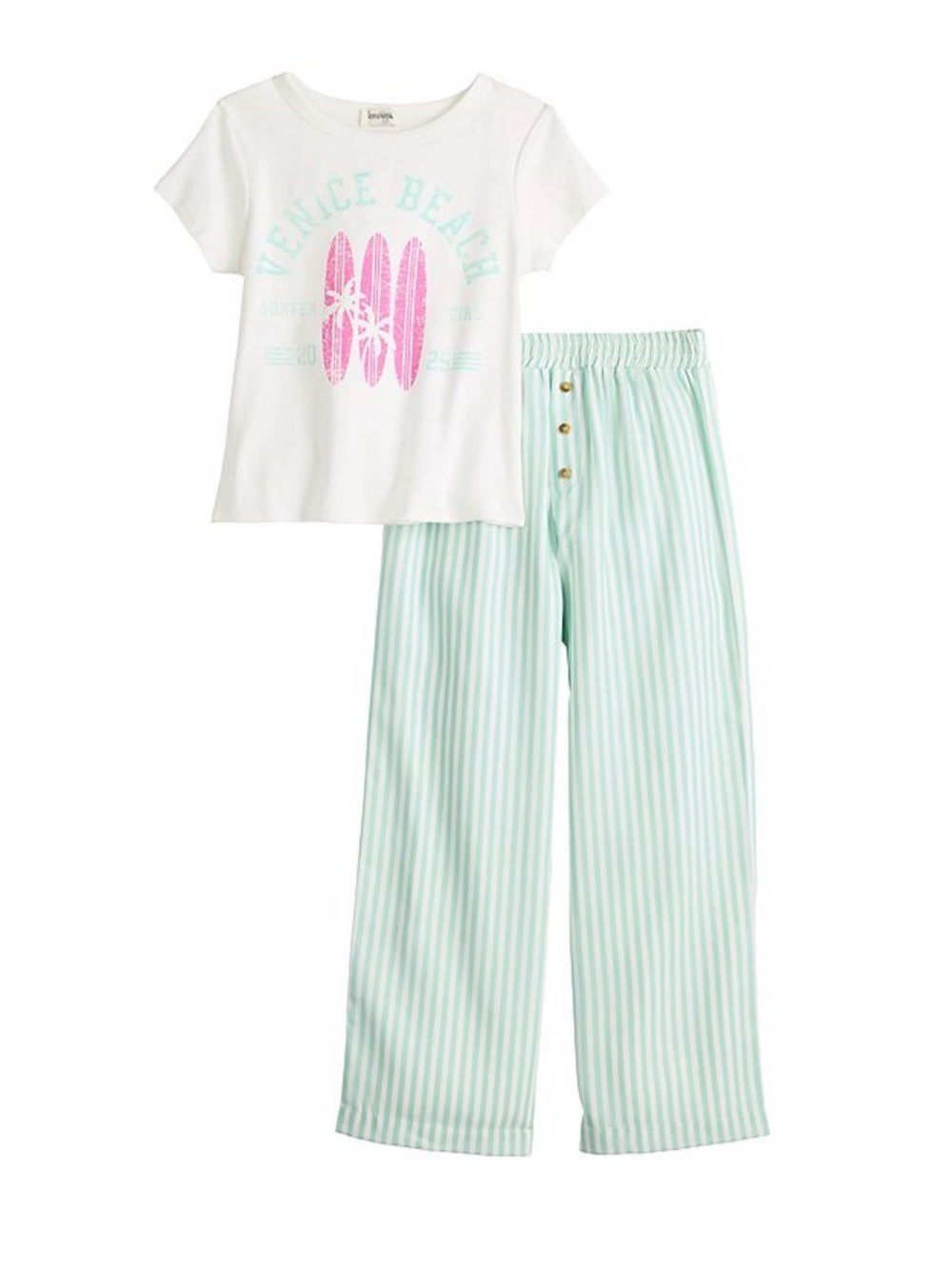 Speechless Girls 2-Piece Venice Beach Graphic Tee & Striped Pants Set – Size M
